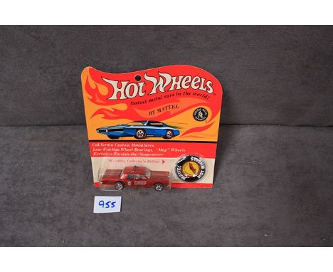 Mint Redliner Original Hot Wheels by Mattel  diecast Fire Chief Cruiser with matching collectors buttons on unopened card Pad