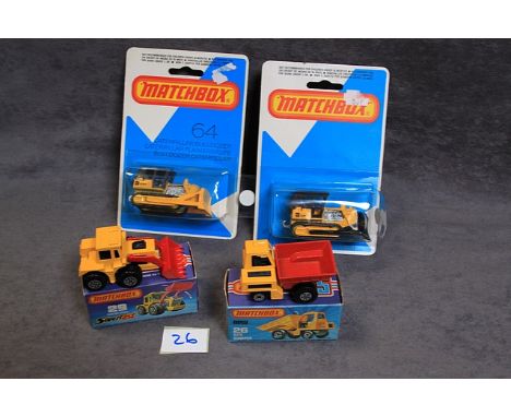 4 X Matchbox Diecast Models #29 Tractor Shovel Mint In Crisp Box #26 Site Digger Mint In Crisp Box #64 Caterpillar Bulldozer 