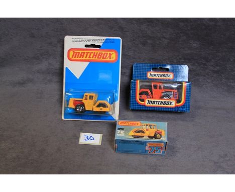 3 X Matchbox Diecast Models #72 Bomag Road Roller Mint In Crisp Box # Bomag Road Roller Mint On Original Card Different Versi