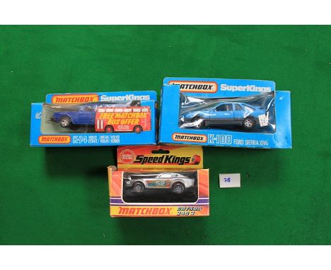 3x Matchbox Superkings/Speedkings, Comprising Of; #K-52 Datsun 240 Z Rally Car (Mint In Very Good Box), #K-100 Ford Sierra XR