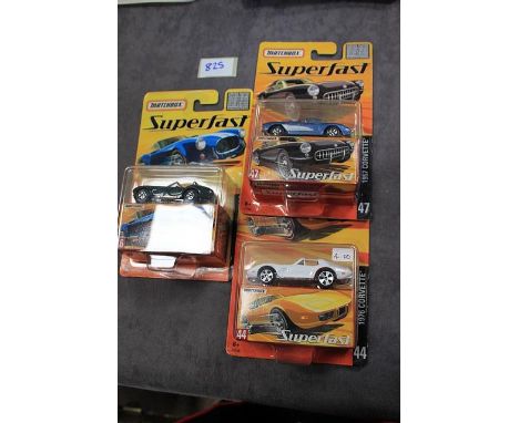 3x Matchbox Superfast Diecast All On Original Card Packaging, #16 1965 Shelby Cobra 427 S/C, #44 1976 Corvette, #47 1957 Corv