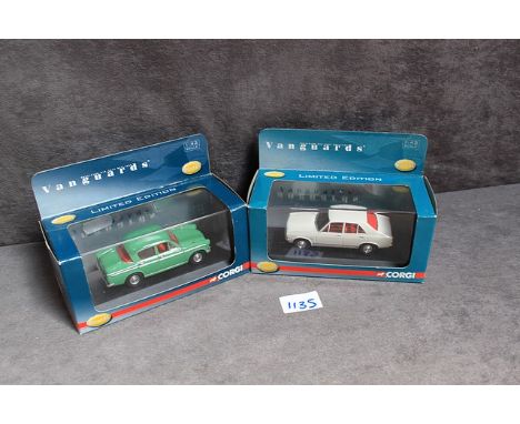2x Vanguards in display case and box, comprising of; #VA06809 Minx IIIA Glade Green ,#VA10401 Hillman Avenger Polar White
