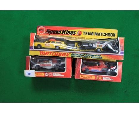 3x Matchbox Superkings Diecast, Comprising Of; #K-46 Mercury Commuter Racing Car &amp; Trailer (Mint In Storage Squashed Box)