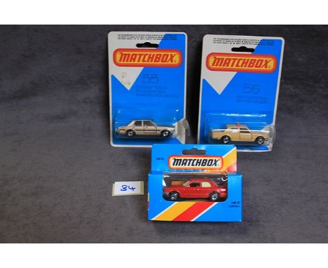 3 X Matchbox Diecast Models #56 MERCEDES TAXI Light Brown Mint On Open Card #55 Ford Cortina Rarer Light Brown Colour Body Mi