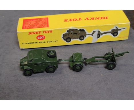 Dinky Diecast #697 25- Pounder Filed Gun Set with inner packaging In excellent firm Box (Tractor &amp; Gun Mint, Trailer very
