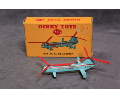 Mint Dinky Diecast #715 Bristol 173 Helicopter Green/Red Twin rotor diecast model with metal wheels and inner packaging in ne