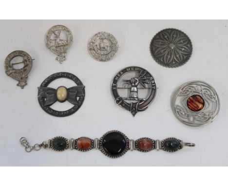 Scottish and Celtic revival white metal cloak pins and brooches and a white metal and polished agate bracelet 