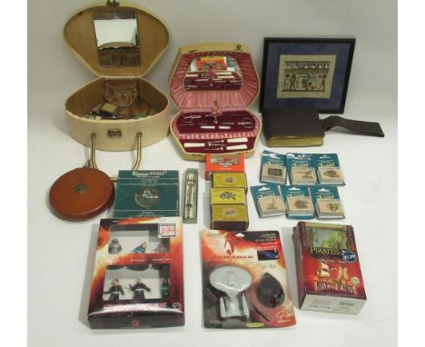 Ladies travelling case cont. compacts, lighters, pocket knives, etc., cased musical manicure set, purse, framed tourist Egypt