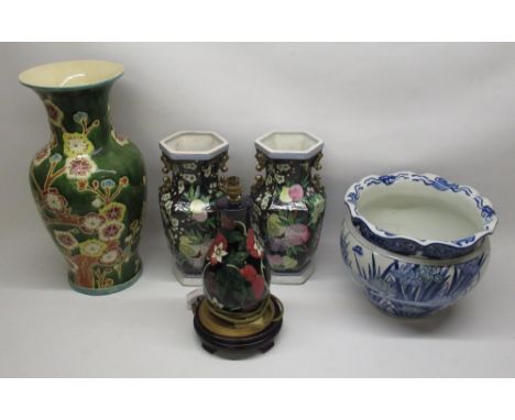 Moorcroft style lamp, large oriental vase H52cm, pair of C20th Japanese vases and a large bowl decorated with blue grass and 