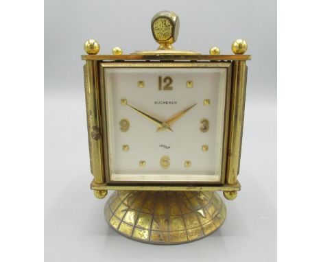 Bucherer Imhof, mid C20th lacquered brass 8 day desk timepiece and weather station, the four sided case having time, thermome