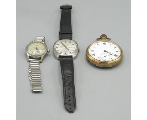 Swiss - rolled gold keyless open faced pocket watch, white enamel Roman dial with subsidiary seconds, Dennison Star case with