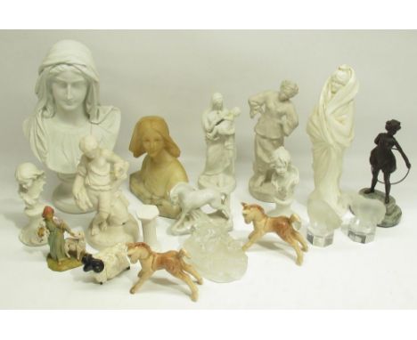 Large bisque bust of a lady H, alabaster bust of a lady with a marble base, and mixed collection of bisque, glass and other f