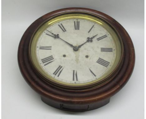 Late C19th American mahogany wall clock, circular moulded case with brass bezel enclosing 11" Roman dial, signed two train mo