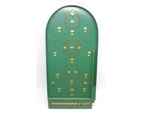 Green Chad Valley bagatelle board, H77.5cm x W37.5cm with 5 metal balls 
