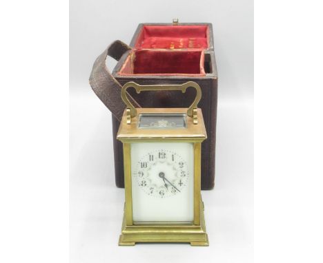 French C20th brass 8 day carriage clock timepiece, cream enamel Arabic dial with floral decoration, visible cylinder escapeme