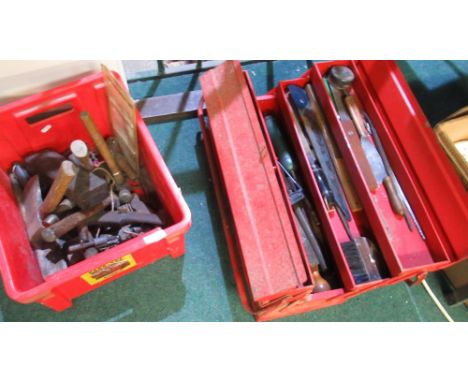 Large collection of tools, Hammers, Chisels, Files, including Cantilever tool box and six wood shafted golf clubs 