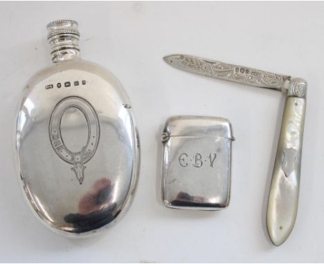 Victorian hallmarked silver oval hip flask, John Linegar Birmingham 1863, silver vesta case and a mother of pearl folding fru