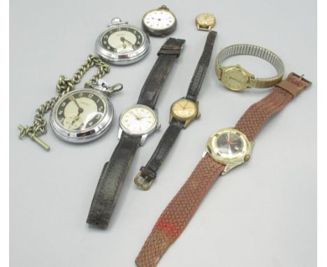 Two Ingersoll Triumph chrome plated pocket watches, blued steel fob watch and five vintage wristwatches 