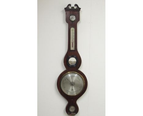C19th mahogany wheel barometer with swan neck pediment, silvered dial, dry damp indicator, thermometer box, butler's mirror a