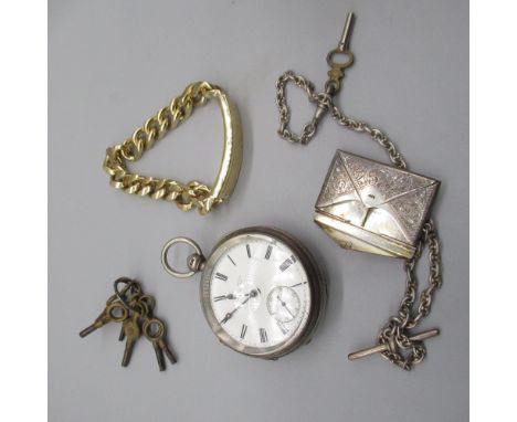 Hallmarked Sterling silver pocket watch by R.G. Scott, Porth, a silver stamp holder on white metal chain, and a yellow metal 