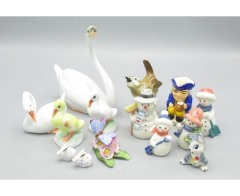 Two miniature Herend bunny rabbits, 2 small Herend duck figures, Herend figurine of a butterfly on some flowers, 2 Herend fig