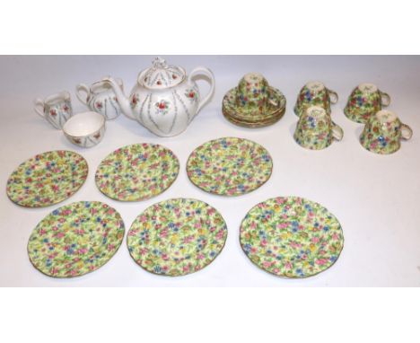 Grimwades chintz 'Kew' pattern teaware, comprising six tea plates, six saucers, and five cups; and a group of Royal Albert 'M