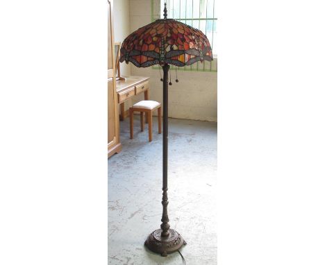 Edwardian style patinated metal three light floor lamp with large Tiffany style lamp shade 