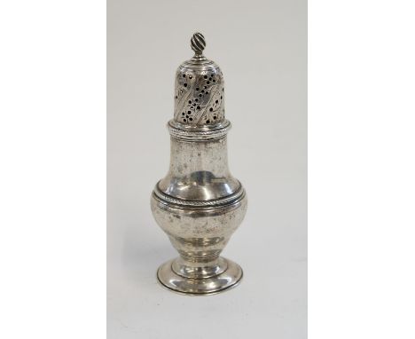 Geo. III hallmarked silver baluster sugar sifter pierced dome cover with wrythen finial with rope twist borders, on a circula