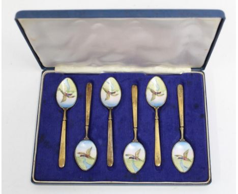 Cased set of six hallmarked silver gilt teaspoons, the enamel bowls decorated with pheasants on the wing, WW Godwin and Son B