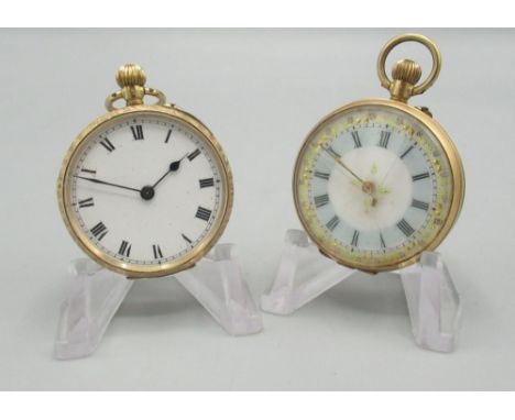 Swiss keyless pin set gold fob watch, white Roman dial enamel, engine turned case with hinged bezel and back hallmarked 18K n
