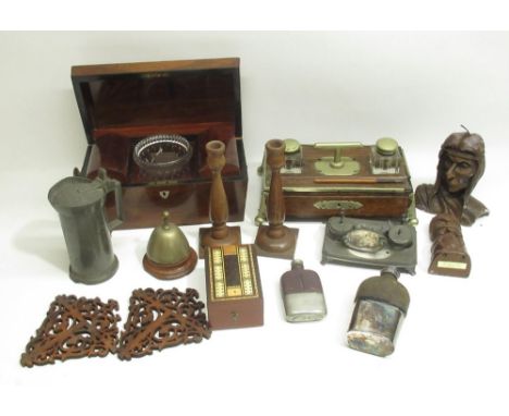 C19th flame mahogany tea caddy with matched mixing bowl W30.5cm, C19th rosewood desk stand with two inkwells and metal mounts