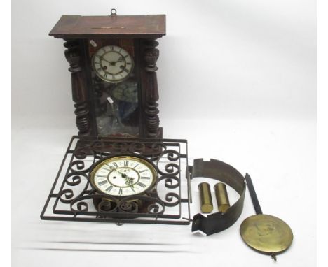 Early C20th double weight Vienna wall clock movement in later wrought iron case and another wall clock (2) 