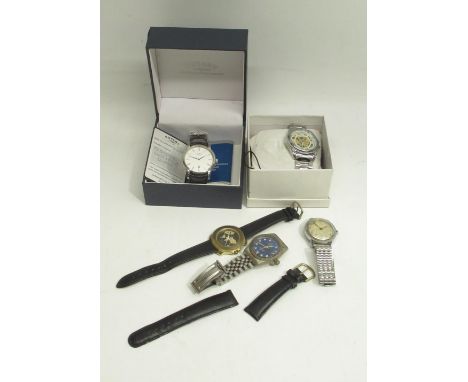 Boxed Rotary Baltimore stainless steel quartz wristwatch with date; boxed Anthony James stainless steel skeletonised automati