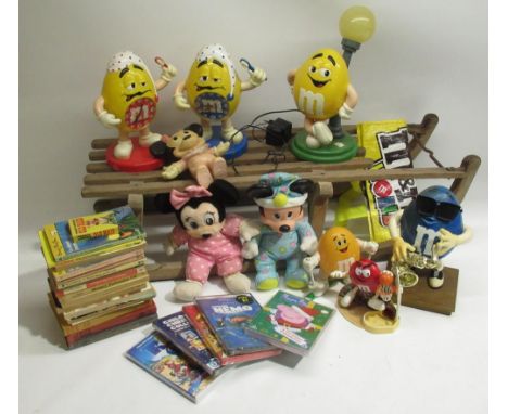 Child's wood sled, 2 x M&M clocks, M&M lamp, other M&M figures, Minnie & Mickey mouse dolls, children's books inc. Enid Blyto