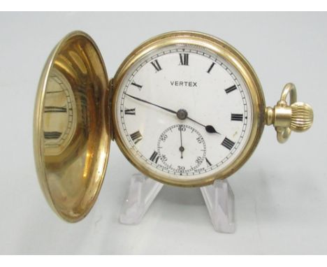 Vertex 9ct gold Hunter pocket watch, signed white enamel Roman dial with subsidiary seconds, hinged cuvette and back no. 7087