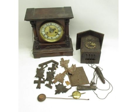 H.A.C. early C20th walnut 14 day mantle alarm clock H31.5cm and a C20th Black Forest cuckoo clock (2) 