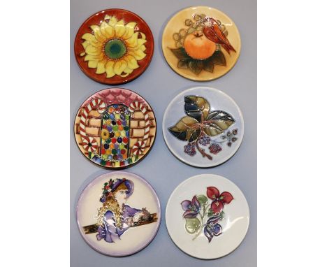 Moorcroft Pottery: six pin dishes/coasters - 'Peach with Finches'; woman in hat, '97; bougainvillea; 'Brambles' designed by S