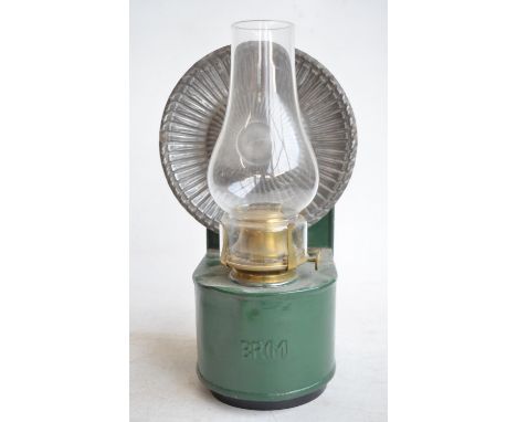 Vintage British Railways (M) wall mounted waiting room oil lamp, marked "British Make" on wick raiser knob. Overall height ap
