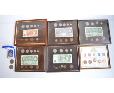 Collection of framed vintage English banknotes and coins (including The Britannia Coin &amp; Stamp Collection set), 2 commemo