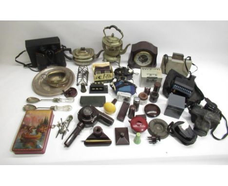 Mixed collection of Bakelite wear, cameras and metalware inc. Smiths Enfield mantle clock, Pentax ME Super camera, Kodak Brow
