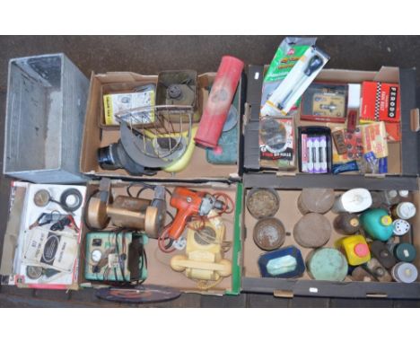 Mixed lot of workshop and garden/outdoors items to include vintage metal cans, auto spares, Black And Decker bench top grindi