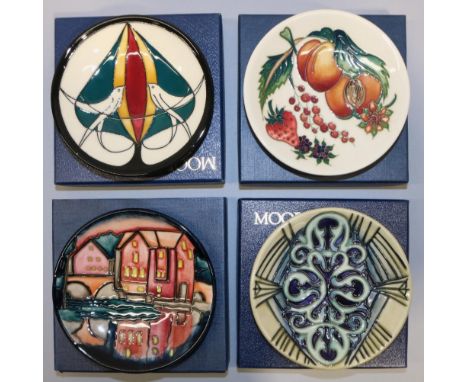 Moorcroft Pottery: four trial pin dishes/coasters - 'Melody' design trial designed by Sian Leeper, dated '07; riverside build