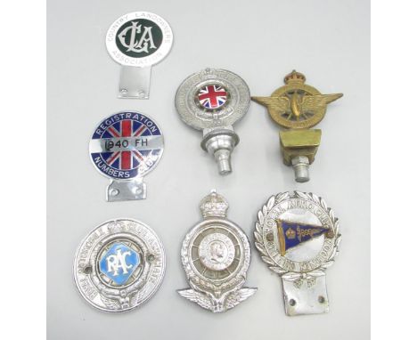 Royal Aero Club United Kingdom chrome and enamel car badge no. 492, Civil Service Motoring Association brass car badge, five 