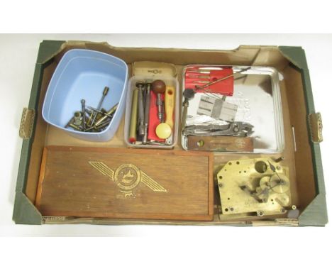 Three vintage watchmakers pin vices, Imperial Standard wire gauge, jewellers screw divers etc. 