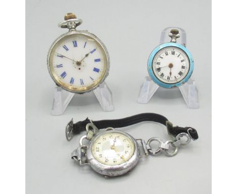 Swiss silver fob watch with white porcelain dial case back hallmarked .935 no. 9801; a silver and enamel fob watch and a ladi