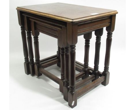 Nest of three oak tables, H46cm, oval oak framed mirror, and a late C20th Chinese fish bowl jardiniere, H29.5 (5) 