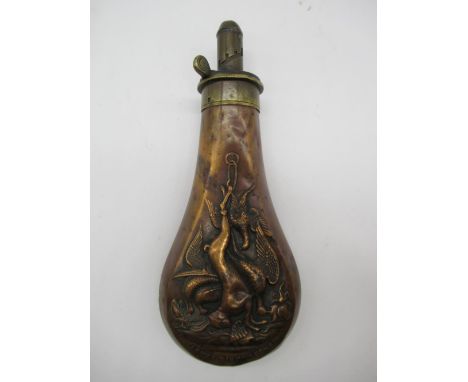 James Dixon and Sons Brass and copper powder flask embossed with hanging dead game and James Dixon and Sons name to base and 