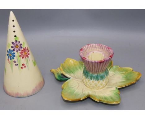 Clarice Cliff for Wilkinson, Bizarre conical sugar sifter, painted with flowers, H14.5cm, and a Clarice Cliff for Newport Pot