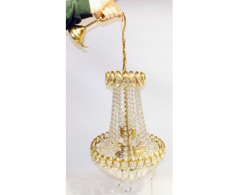 C20th brass framed glass drop chandelier comprising 4 light bulbs and a C20th 5-branch ceiling light with glass drops (2) 