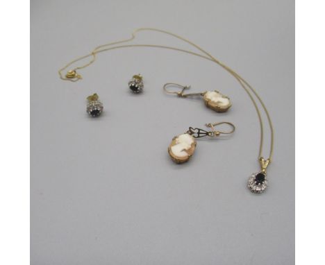 9ct gold sapphire and diamond pendant necklace on chain, and matching stud earrings, all stamped 9k or 375 (earring backs unm